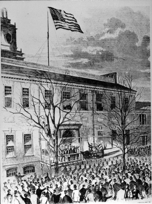 kansashistory's tweet photo. #OnThisDay in 1861, President-elect Abraham Lincoln visited Philadelphia's Independence Hall. While there he raised the 34 star U.S. flag. Kansas was that new 34th star as it had became a state less than a month before. #kansashistory https://t.co/YaebHNnTwm
