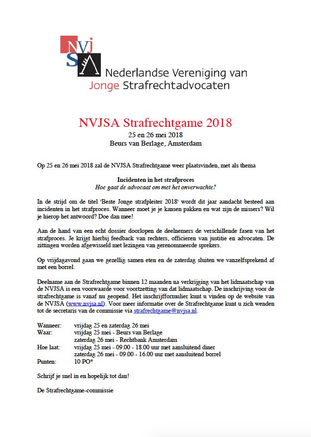 Wie stoot <a href="/TheiHouben/">TH</a> van de troon en verovert de titel 'Beste Jonge Strafpleiter 2018'? Op 25 &amp; 26 mei 2018 organiseert de NVJSA wederom de Strafrechtgame. Inschrijving is geopend!! nvjsa.nl/4508/201802081…