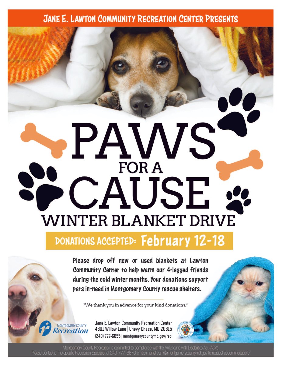 MontgomeryCoMD's tweet photo. Paws for a Cause:  The @MoCoRec Winter Blanket Drive for pets continues through February 18, at the Jane E. Lawton Community Recreation Center. https://t.co/dNFs4mZMuA