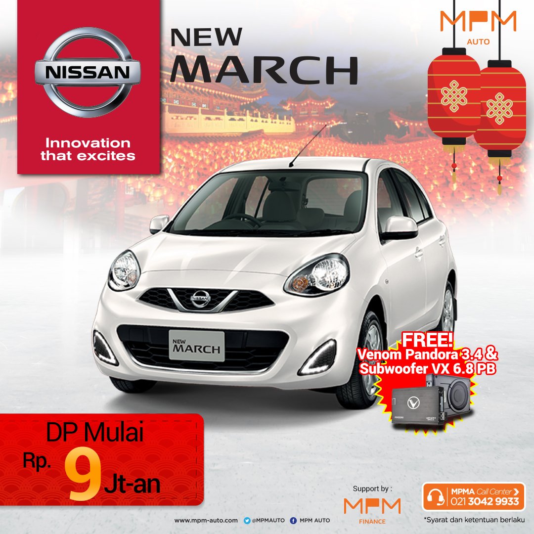 Jaman now mobilnya masih itu-itu aja? Dengan Nissan March, kamu bisa tampil kekinian! Designnya stylish, dibawa berkendara juga lincah, cocok buat kamu yang berjiwa muda :-D ditambah sound system keren Venom Pandora &amp; subwoofer! Free lho, Promo berlaku selama Februari 2018.