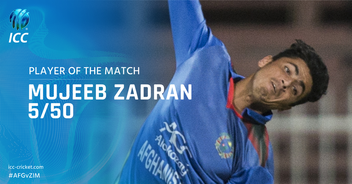 ICC's tweet photo. He became the youngest player ever to take an ODI five-wicket haul - Mujeeb Zadran is the #AFGvZIM 4th ODI Player of the Match! https://t.co/FXbjCKKQqD