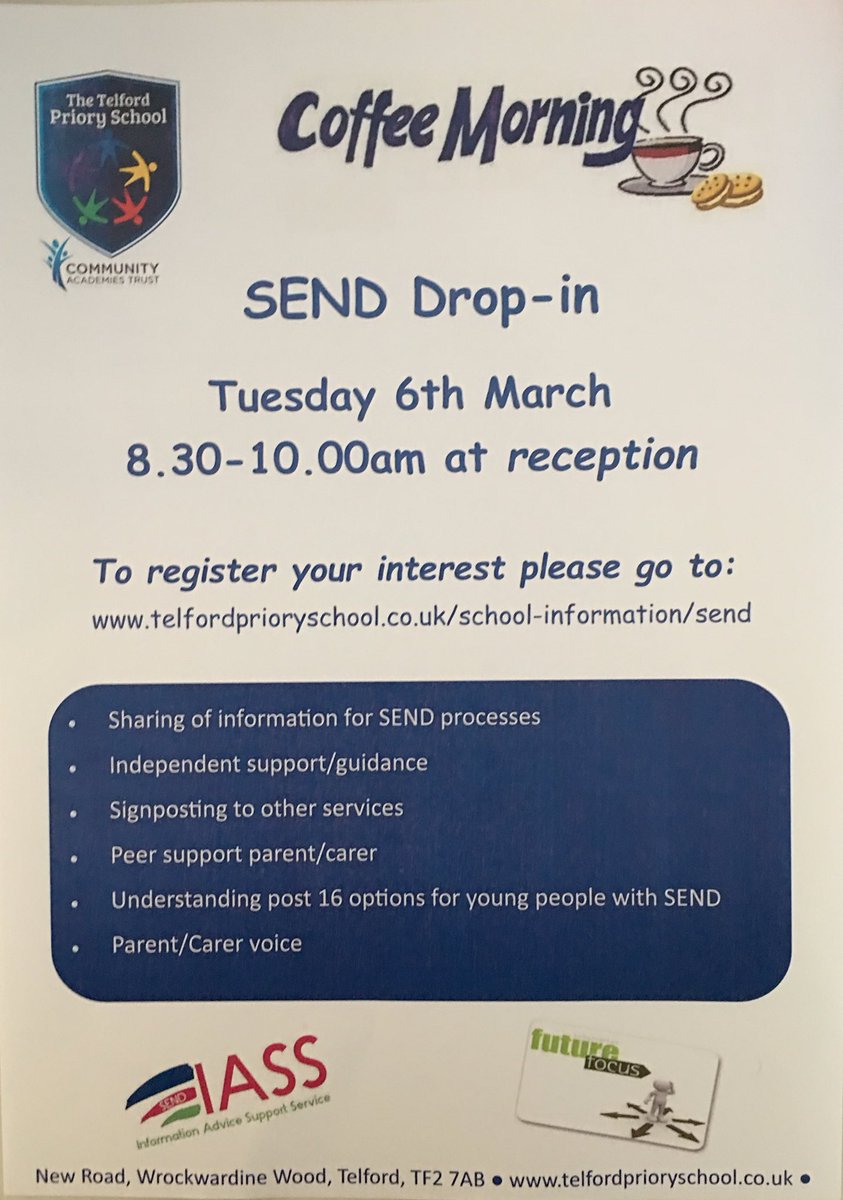 TPSSEND's tweet image. Thank you to all the parent/carers who have registered their interest in dropping in on the 6th March to our SEND coffee morning. IASS, Future Focus, Educational Psychologist and @telfordpriory SEND Officer will be there. We look forward to welcoming you #supportandguidance
