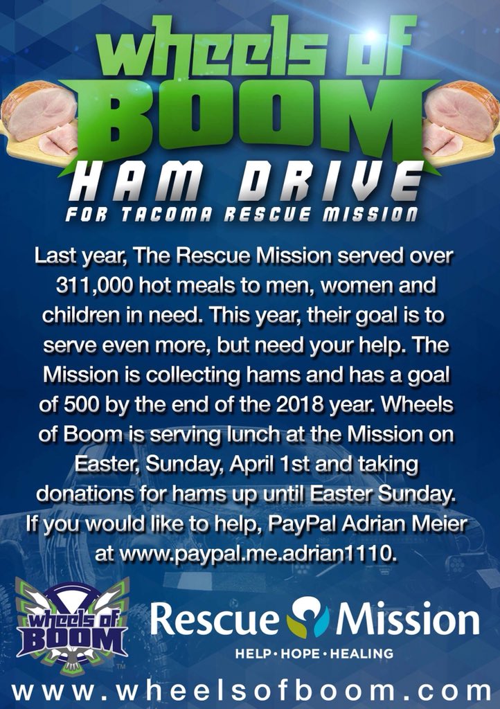wheelsofboomcc's tweet image. Help us make a difference today! Donate to help @RescueMissionUS reach 500 hams by year’s end. You can donate at fs27.formsite.com/tacomarescuemi… and a donation receipt will be emailed to you. Thank you. #HamDrive #TeamWOB #TacomaRescueMission