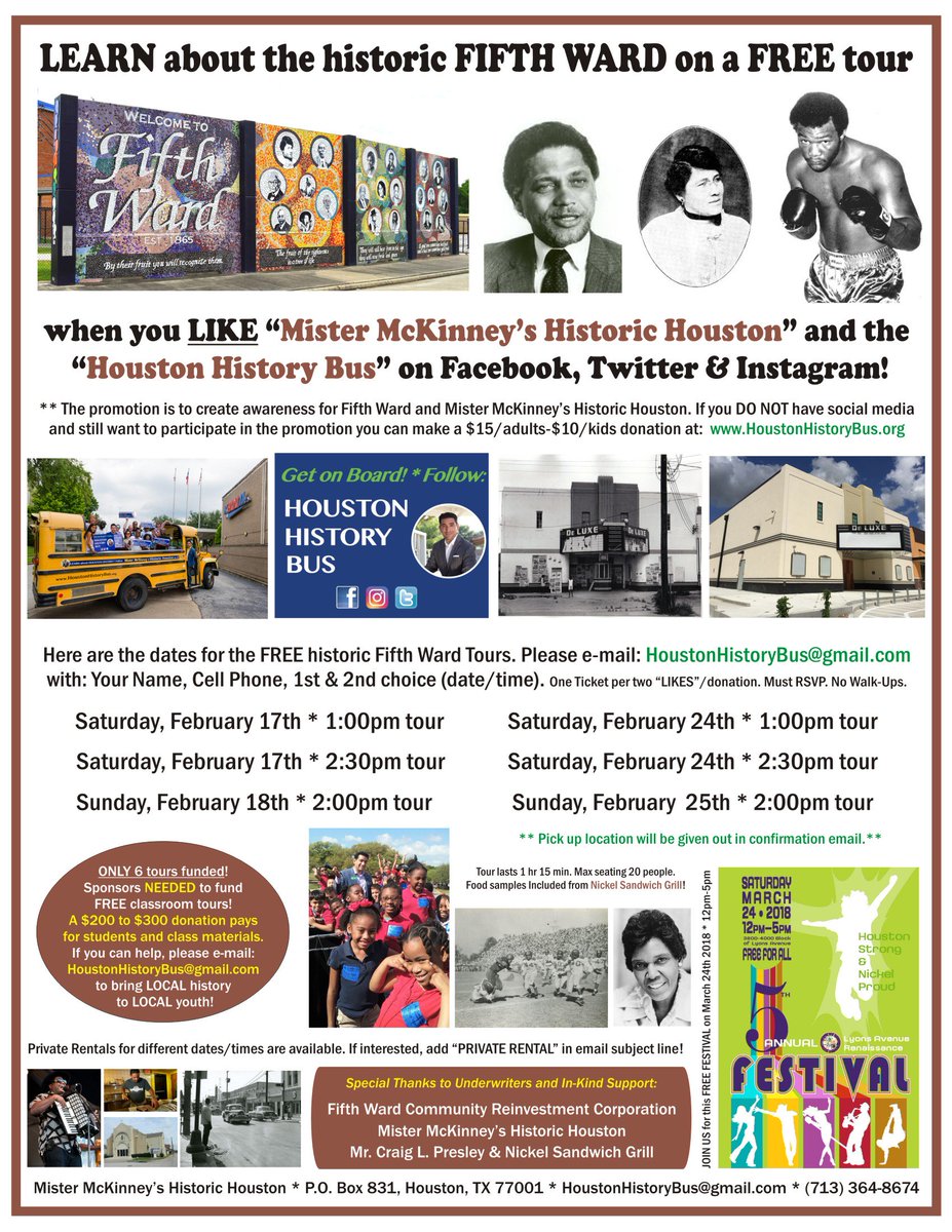 VisitHouston's tweet photo. Celebrate #BlackHistoryMonth with a FREE tour of #Houston's historic Fifth Ward with @HOUHistoryBus this weekend! Spots are filling up fast.  Learn how to get your free tickets: https://t.co/RyoVyn8mkt