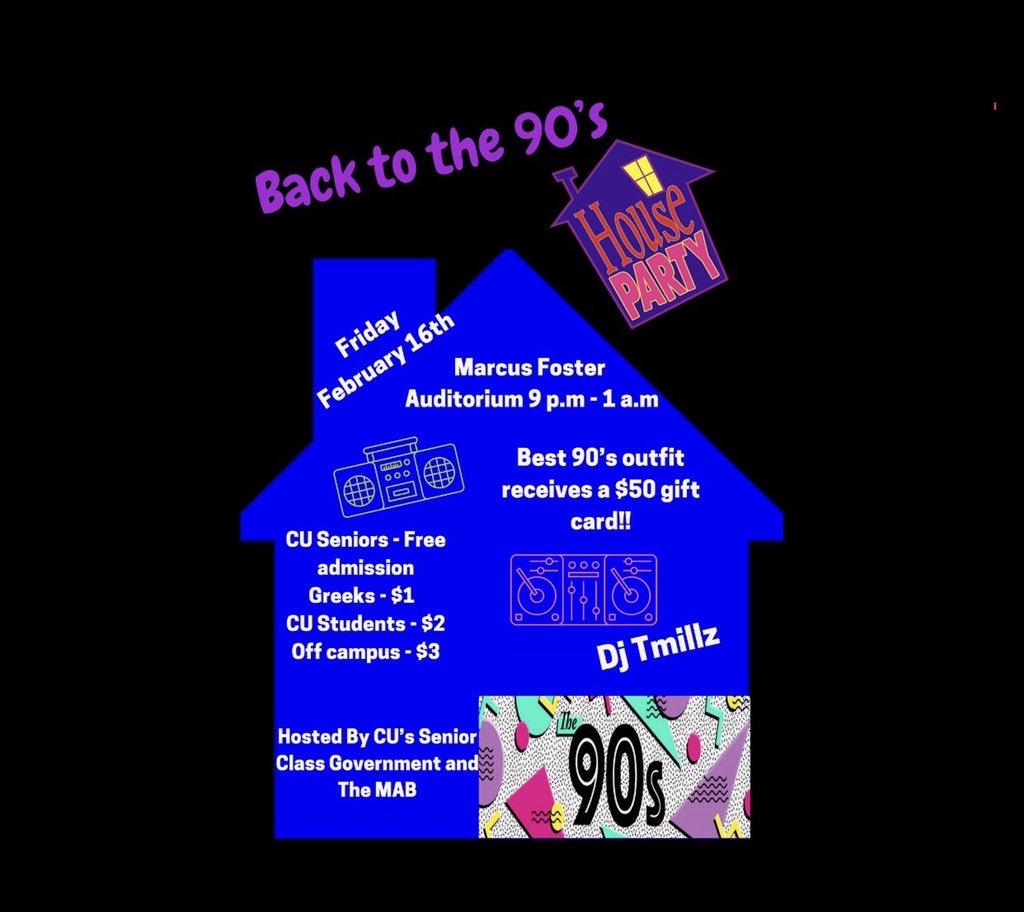 CheyneyUniv's tweet photo. FYI: The Senior class will take you Back to the 90’s with their themed Senior Class party - TONIGHT from 9 - 1 am! https://t.co/1SEy1fyFVK
