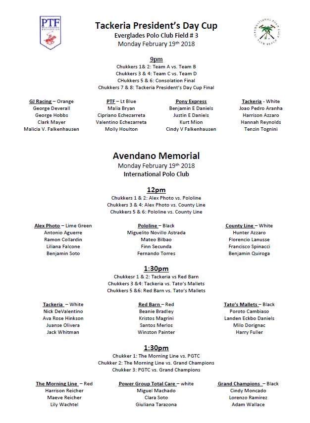 polotraining's tweet image. PTF Florida Weekend Schedule
Join us 10am Saturday Fieldside or on chukkertv.com for the 2018 PTF International Cup.  
Monday starts with the Tackeria President’s Day Cup at Everglades Polo Club Field #3 @ 9am followed by the Avendano Memorial at IPC @12