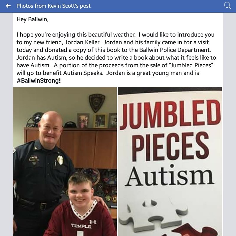 jordankeller59's tweet photo. #BallwinStrong #autism #Thankyou Chief Scott for taking time to see us when we donated a copy of Jumbled Pieces Autism to the Ballwin Police Department yesterday. https://t.co/Y8CwgdDpZB
