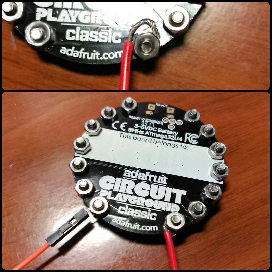 victormna_dev's tweet image. If you have a #CircuitPlayground but not alligator-clips, you can use nuts and bolts.

Or in the case you want more robust fasten, but not permanent.

Or using Jumper-wires.

Make sure to bend the cable in the sense of tightening.

And, of course, avoid shortcuts.