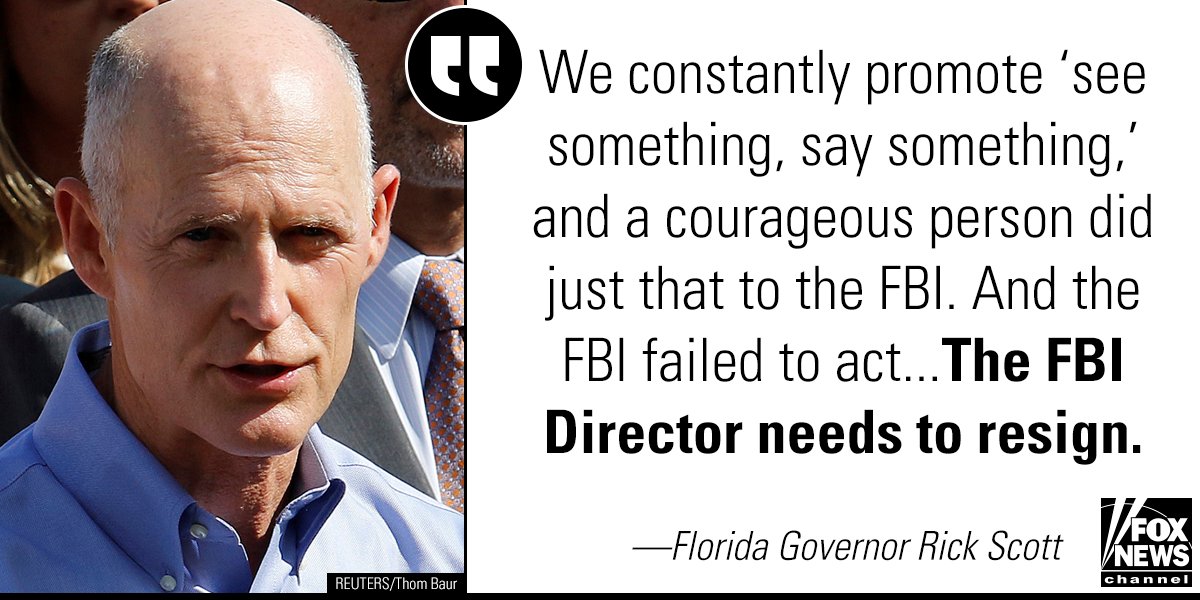 FoxNews's tweet photo. JUST IN: @FLGovScott called for @FBI Director Christopher Wray to resign in the wake of revelations the bureau ignored a Jan. 5 tip about alleged Parkland school shooter Nikolas Cruz, who killed 17 in a Wednesday attack. https://t.co/fL6PjWU68d https://t.co/xOejn1ORoe