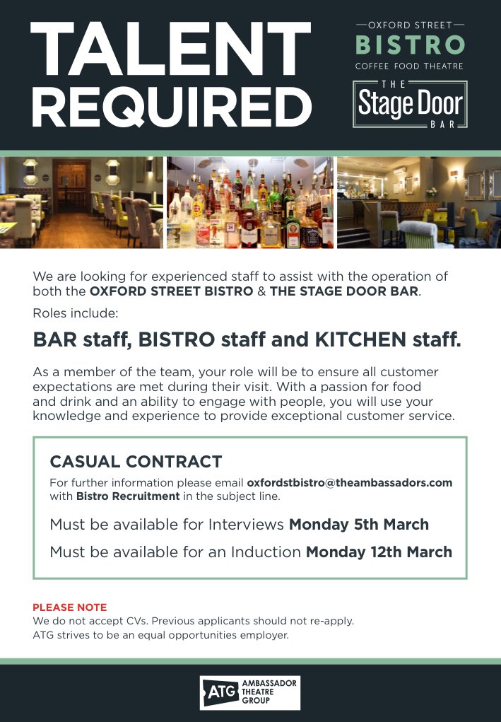 TheStageDoorMcr's tweet photo. Join our team! We are recruiting for:
Bar, Bistro &amp; Kitchen Staff! 

For more information email: oxfordstbistro@theambassadors.com

#manchesterjobs https://t.co/wGU3iu2TtU