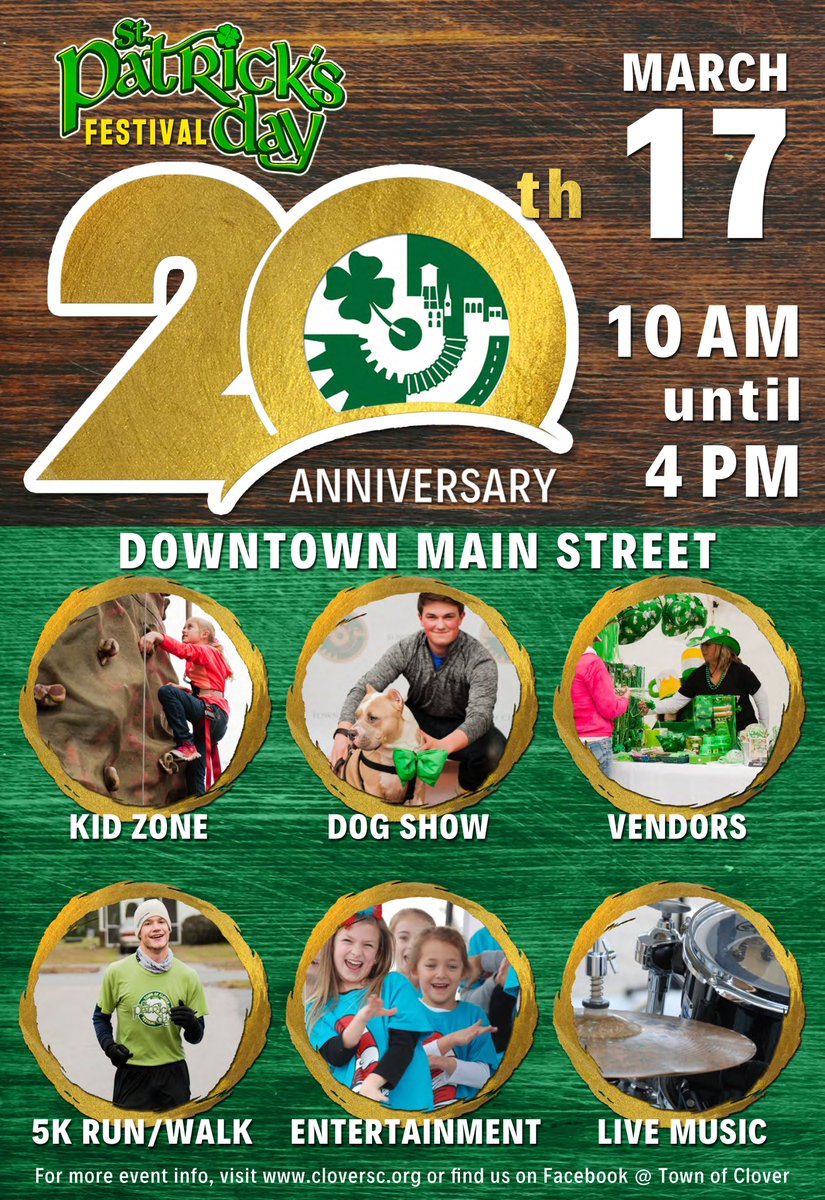 Our friends at the @TownofCloverSC will host their 20th St. Patrick's Day Festival on March 17. Vendor applications are still being accepted through Feb. 28. For more information, please contact Amy Gonzalez at 803.222.9493.