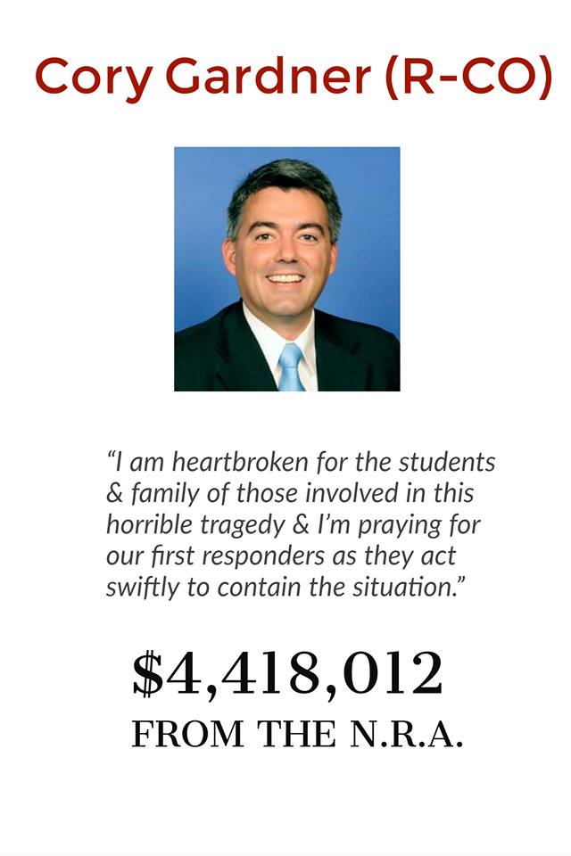 DeanEvans1137's tweet photo. @SenCoryGardner You have no shame. Greedy and power hungry. Thanks for helping improve America. Why say you're heartbroken when you are in the pocket of the NRA? Hypocrite. https://t.co/pjx7i8uNTJ