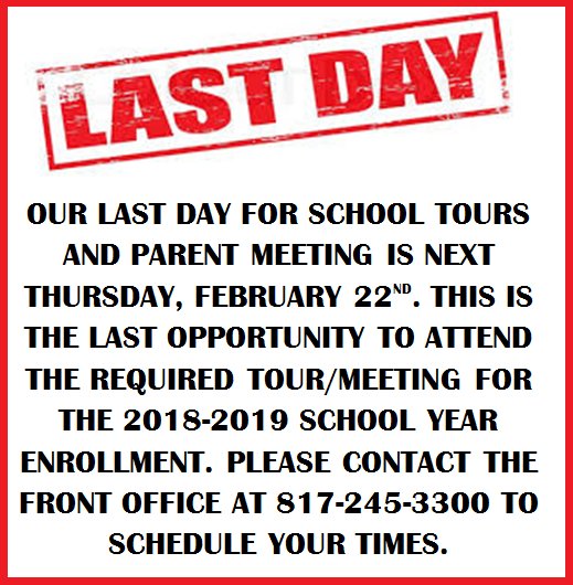 AcademyatND's tweet photo. Last opportunity to sign up for the required school tour and parent meetings for 2018-2019 enrollment is next week, Thursday, Feb. 22nd. #AANDLearns #futureAANDolympians https://t.co/UXPymbg4N3