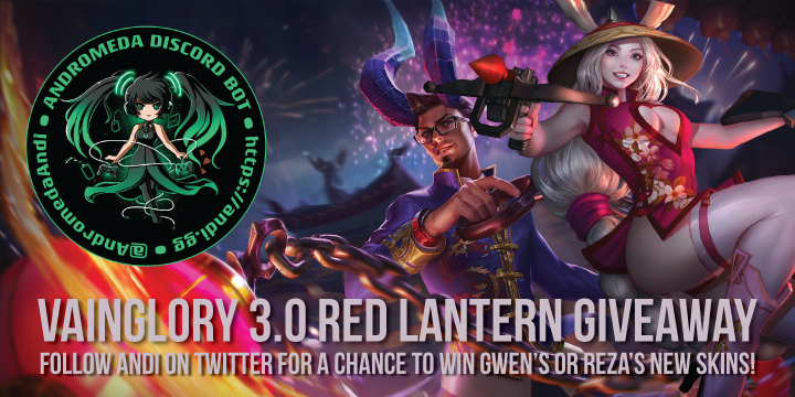 AndromedaAndi's tweet photo. 🏮 Follow Andi here on Twitter for a chance to win Gwen's or Reza's newest skins! Andi will be picking 2 winners TODAY, one hour from now! One random follower will win Gwen's Red Lantern skin, one will win Reza's! #Vainglory5v5 🏮 https://t.co/j2ITgv9BS1