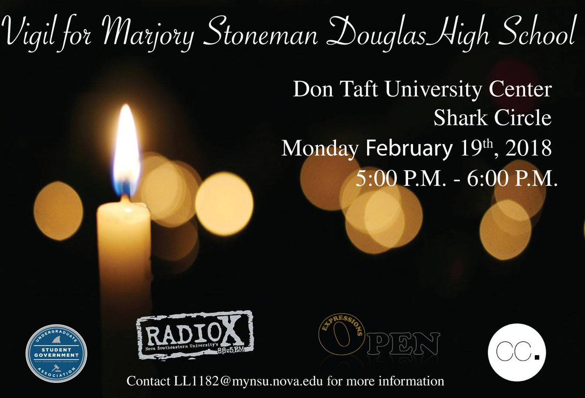 NSUFlorida's tweet photo. We will remember their names. Please join #NSUSharks community this Monday 2/19 at the UC Shark Circle from 5:00 P.M. - 6:00 P.M. as we gather to remember those who lost their lives. #MSDStrong https://t.co/pAAZeX4hti