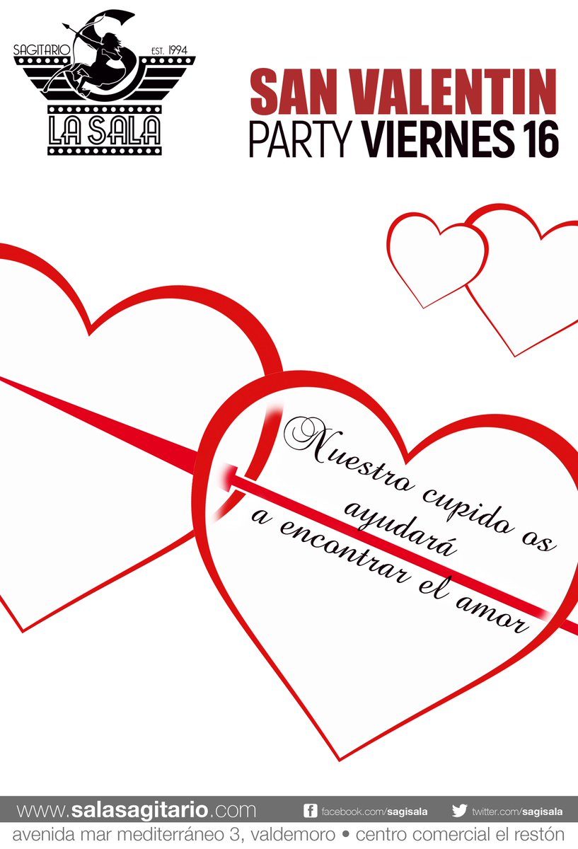 SagiSala's tweet photo. FIESTA DE SAN VALENTIN PARTY
Viernes 16
Nuestro Cupido os ayudará a encontrar el amor.
#salasagitario #sanvalentin2018 #valdemoro https://t.co/jJM5dSAsyp