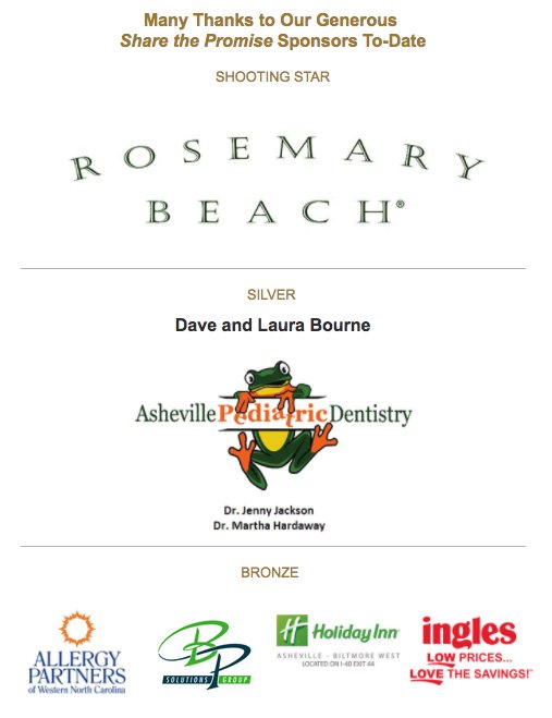 carolinaday's tweet photo. Our @carolinaday Share the Promise event is on March 24! Please join us in thanking these sponsors who have chosen to support students and access to an excellent CDS education. https://t.co/L1XvbCmSwe  #ShareThePromise #CDScommunity #Asheville https://t.co/nm91qH37sA