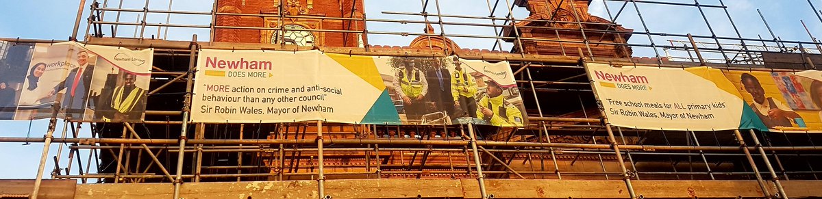 TriggerDem's tweet photo. Banners at Newham (East Ham) Town Hall. #RobinWales not content with @NewhamLondon mag as personal advert is spending your money on banners all across our borough. #Newham https://t.co/lw0Hr31g8A