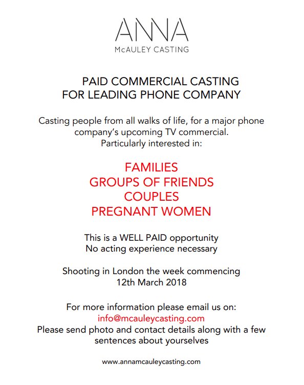 AnnaMcAuley's tweet photo. LOOKING FOR PEOPLE FOR PAID PHONE COMPANY COMMERCIAL. Email: info@mcauleycasting.com  #CASTING  #castingcall  #paid https://t.co/bKKAcMMIVa