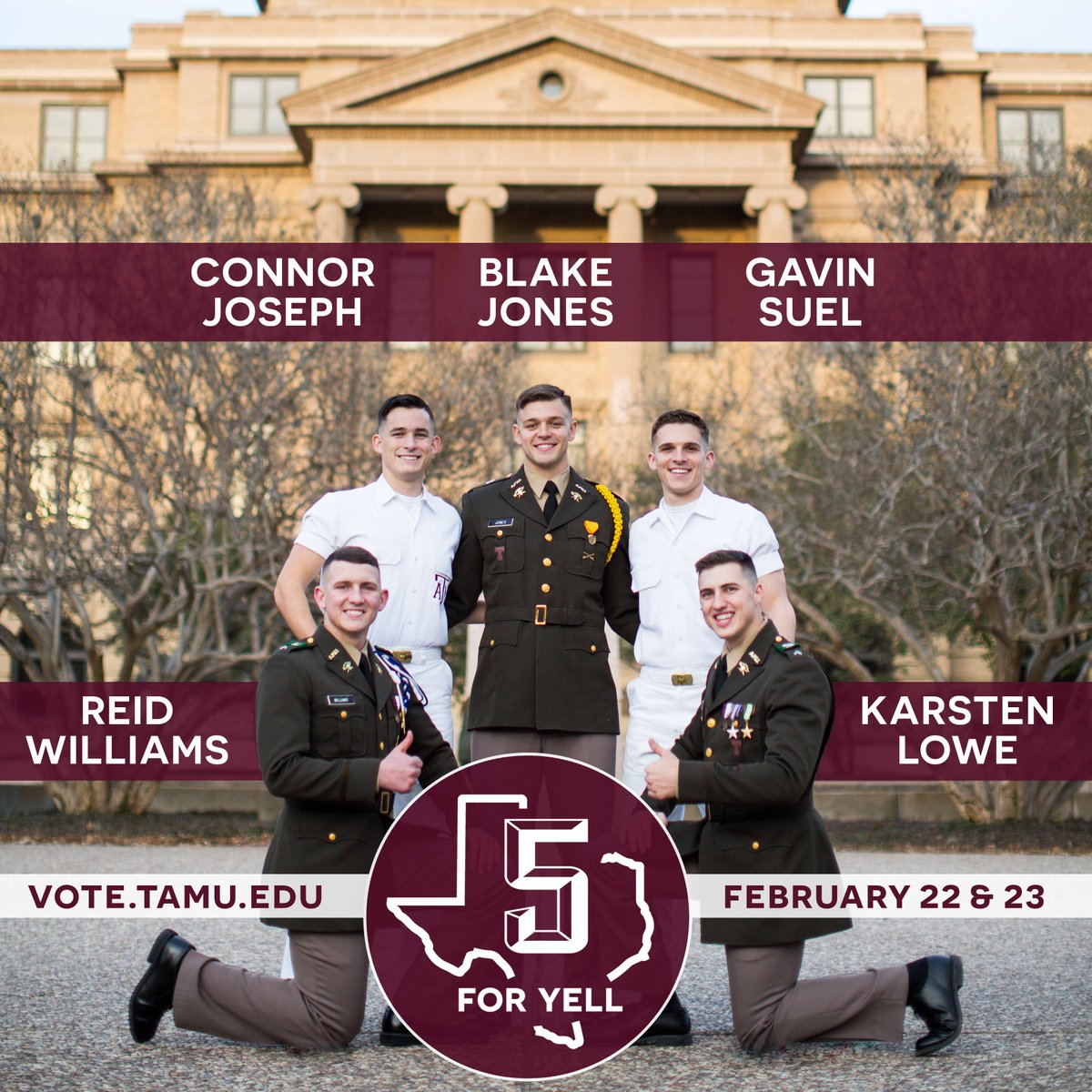 5foryell's tweet photo. HOWDY! You know what time it is - campaign season! This year, 5 For Yell is hyped to announce our candidates! For Senior Yell - BLAKE JONES, CONNOR JOSEPH, &amp; GAVIN SUEL!!! For Junior Yell - KARSTEN LOWE &amp; REID WILLIAMS! #5ForYell https://t.co/0in7C2lDoy