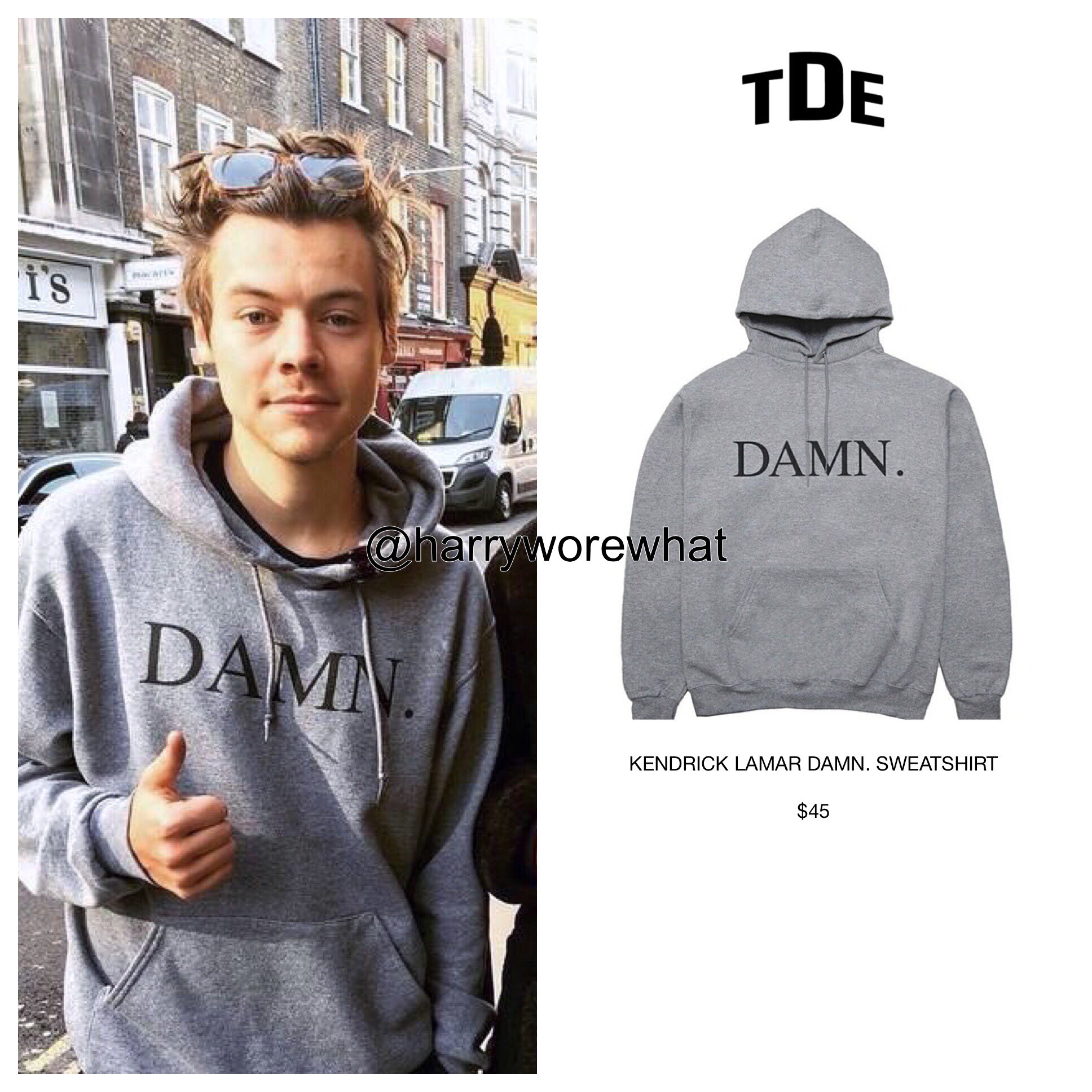 Harry Wore What on X: Harry wore a $45 #KendrickLamar #TDE 'Damn.  Sweatshirt' while out in London - 2/16/18.  / X