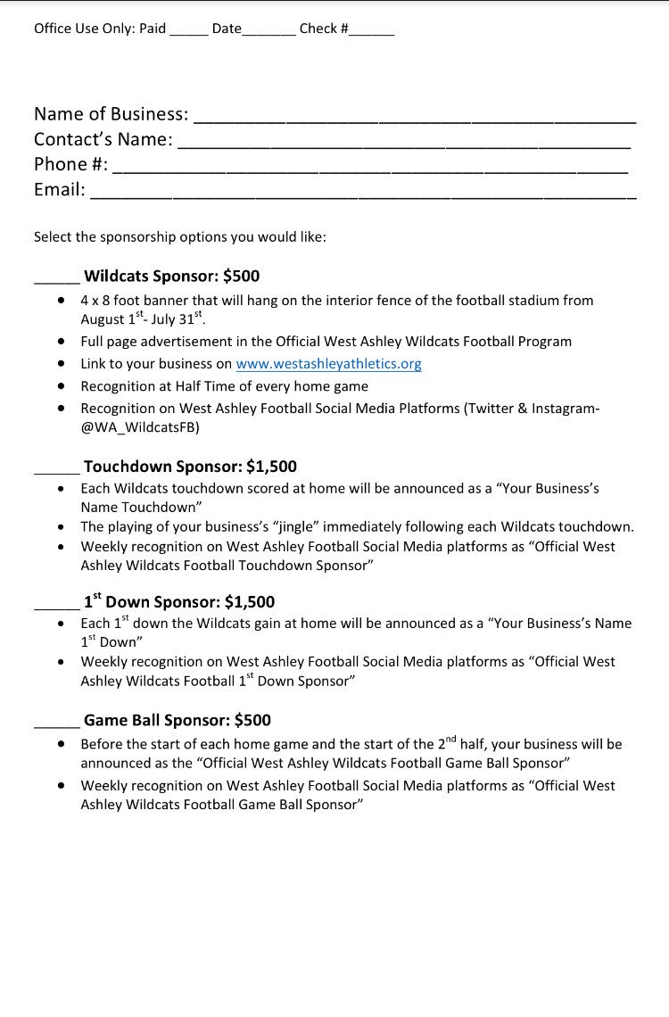 WA_WildcatsFB's tweet image. 2018 Sponsorships are going fast! Already have commitments for 1st Downs &amp;amp; Touchdowns! Looking for more banners to #FillTheFence &amp;amp; ppl to #FlipTheCoin! 

West Ashley area businesses don’t miss out on your chance to be apart of the #BuildPride movement!
#WildcatsNation #Team19🏈