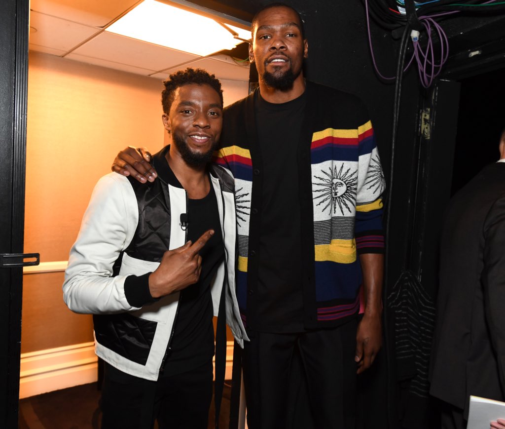 NBA's tweet photo. #BlackPanther @chadwickboseman joins NBA superheroes @KDTrey5 and @kobebryant at the NBA Tech Summit #NBAAllStar https://t.co/MXS1QL5FZo