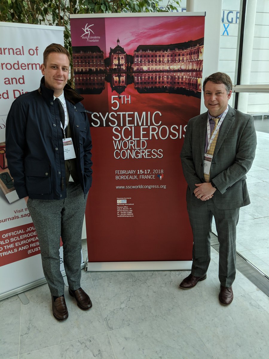 srfcure's tweet photo. Alex Gonzalez, SRF Director of Development, and @WhitfieldLab (on right) @GeiselMed and SRF-funded investigator, attending the 5th Systemic Sclerosis World Congress in Bordeaux, France. #researchisthekey #collaborationisessential #SWC2018 #Bordeaux https://t.co/7hdpDUleAX