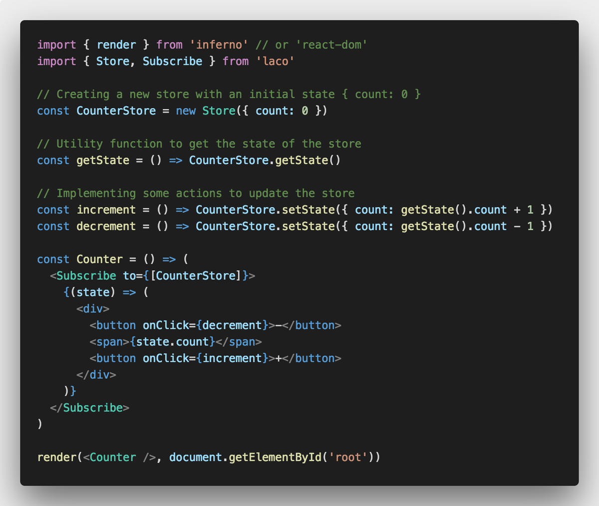 revertgod's tweet image. Sneak peek of Laco - State management solution for #reactjs and #infernojs inspired by #reduxjs and #unstated. Checkout #Polacode for nice looking image @code snippets. github.com/deamme/laco