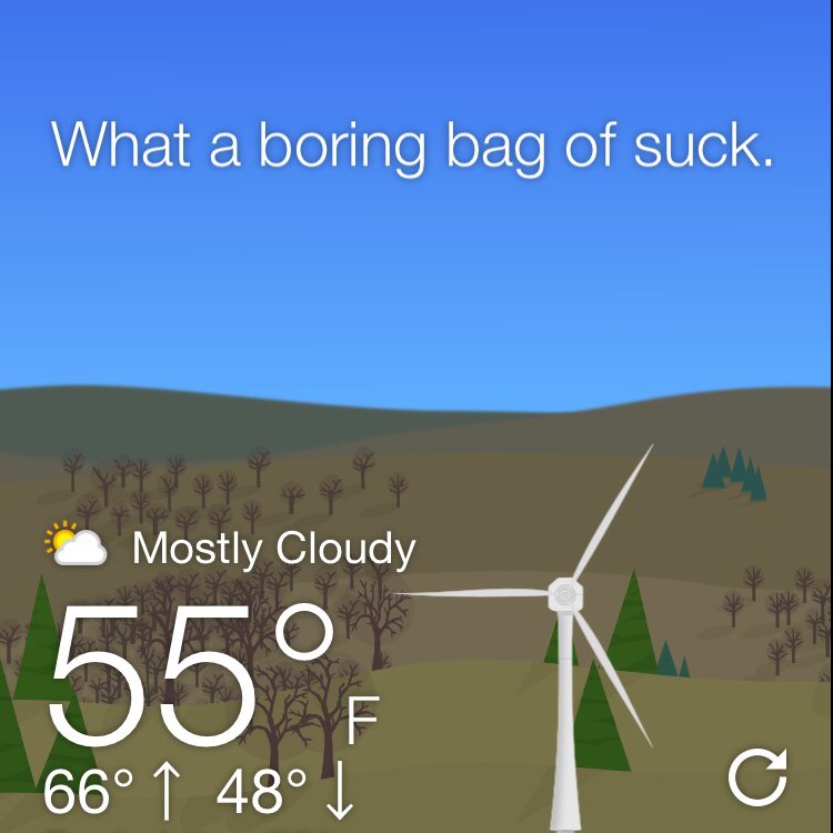 NicholeSzemerei's tweet photo. “What a boring bag of suck.” ☁️ Do you use this app? It’s called WTForecast and it’s hilarious! 😜 I wanna know what yours says. 
☔️❄️☀️⛈?? #fridaymood #bagofsuck #WTForecast #coldandcloudy #arewestillinaz? https://t.co/tGYdsskEX5