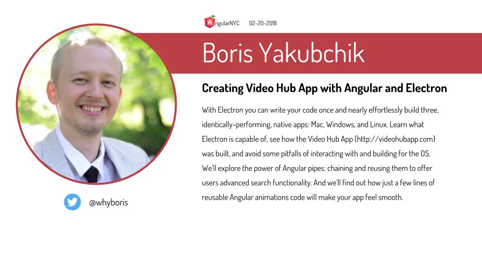 kirjs's tweet image. Next Tuesday @whyboris will share his experience of creating videohubapp.com with #angular and #electron at the #AngularNYC meetup!

meetup.com/AngularNYC/eve…