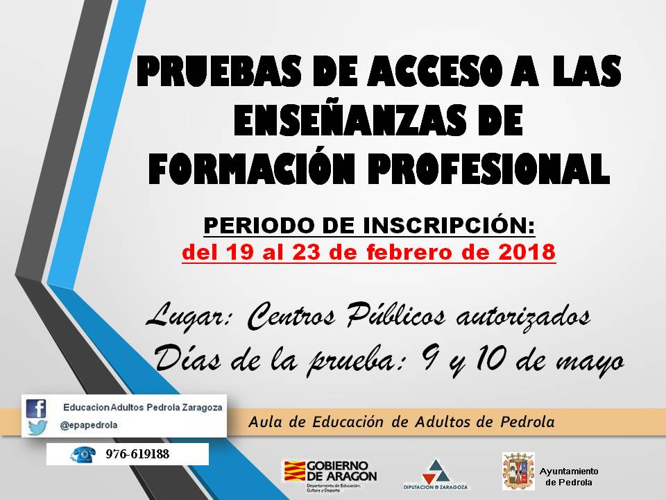 epapedrola's tweet photo. Atentos al PERIODO DE INSCRIPCIÓN para las pruebas libres de acceso a la #formaciónprofesional en #Aragón #educacióndeadultos
 Infórmate #Pedrola
https://t.co/IbCoX3mKqb https://t.co/MKA1uwS9dB