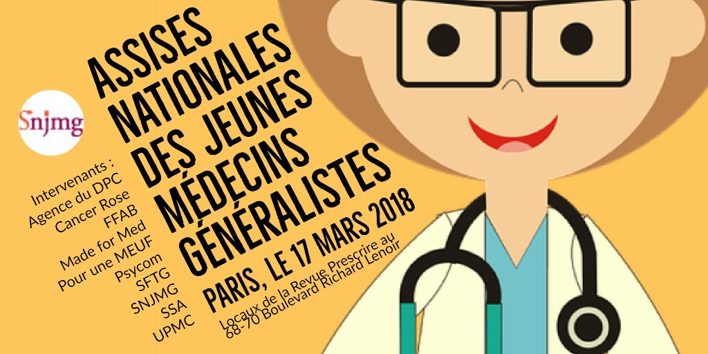 SNJMG's tweet photo. #anorexie, #sexisme en médecine, #depistage #cancer #sein, #internatMG, #installation, #DPC... au programme des Assises Nationales des #Jeunes_MG le 17 mars 2018 à Paris : ne tardez pas à vous inscrire, les places sont limitées ! https://t.co/7P9gBw2aku https://t.co/83nx6ipl3W
