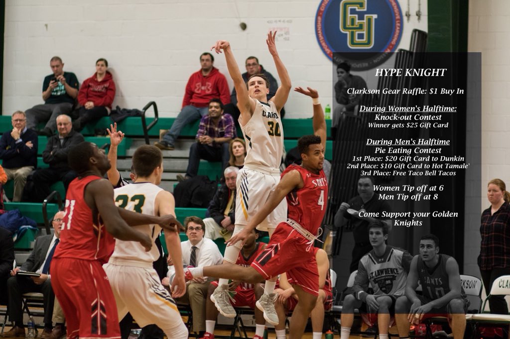 ClarksonMBB's tweet photo. It’s HYPE KNIGHT! Come support your Golden Knights Basketball team as we take on Skidmore in a huge Liberty League Matchup. This game has major playoff implications and is a must win for us. We tip off at 8. Hope to see everyone there! 
#LetsGoTech #d3h https://t.co/S5ZGRYnDcq
