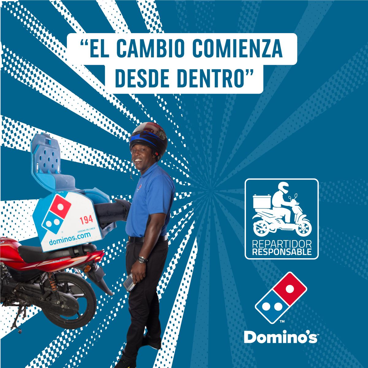 DominosRD's tweet photo. #RepartidorResponsable es una apuesta por la seguridad y educación vial de nuestros repartidores y una reafirmación al compromiso que hicimos con @rdfluye. #ContigoRDFluye #ConTodosRDFluye https://t.co/KTnGE6kehM