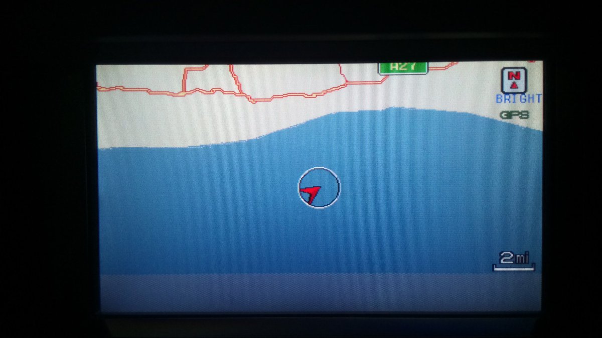 OpusScience's tweet image. In Brighton the car's Sat nav lost its mind. North became South, East became West. This photo was taken 12 or so miles East of Brighton, but clearly the Sat nav thought we'd gone west &amp;amp; placed us out in the English Channel off the coast of Worthing! 🤣 #SatNav #SatNavFail