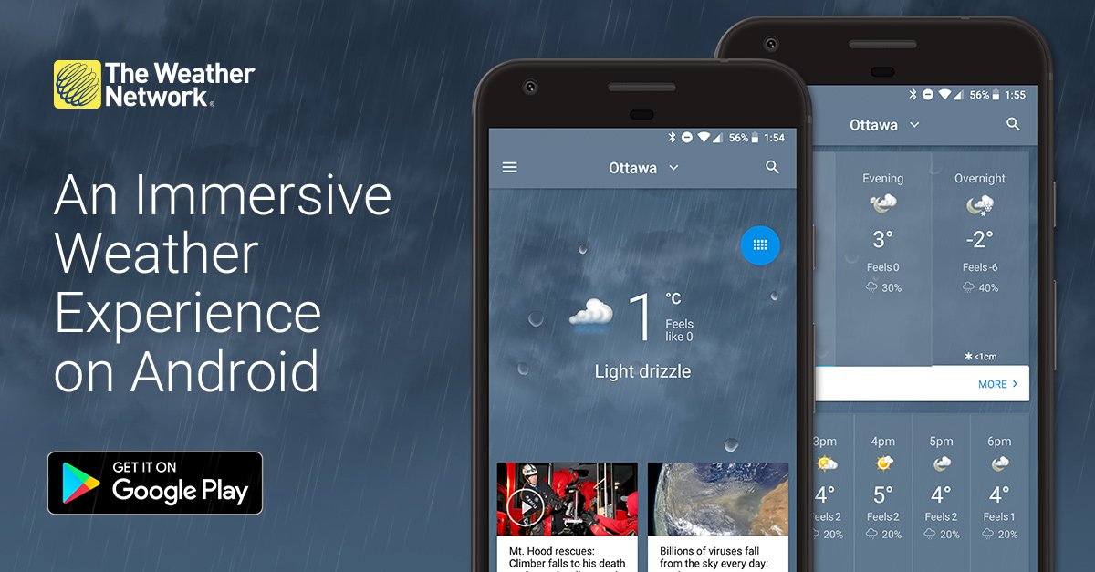 weathernetwork's tweet photo. See the weather forecast come to life at your fingertips! Check out the latest update to the our @weathernetwork Android app In the @GooglePlay store:
https://t.co/1vbL14cxO8 https://t.co/rSqoKUmRFC