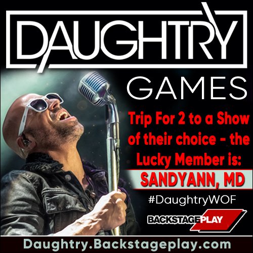 BackstagePlay's tweet photo. DAUGHTRY GAMES Lucky Member of the first Random Drawing to 'A Trip for 2 To Show of their Choice’ is @sandy_cuffley from Maryland
she receives, Round Trip Flights, 2 Nights Hotel, Tickets to the Show and more! #DaughtryWOF #DaughtryGames #DaughtryVIP https://t.co/K4HoCDL0qO