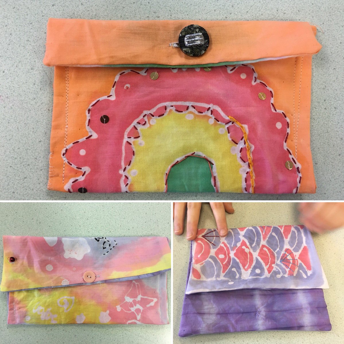 missfairclough1's tweet photo. Some lovely finished pencil cases by #year8 #textiles well done folks! 👏🏼😊 #ks3textiles #handembroidery #batik #tiedye https://t.co/SBpsx6XWhy