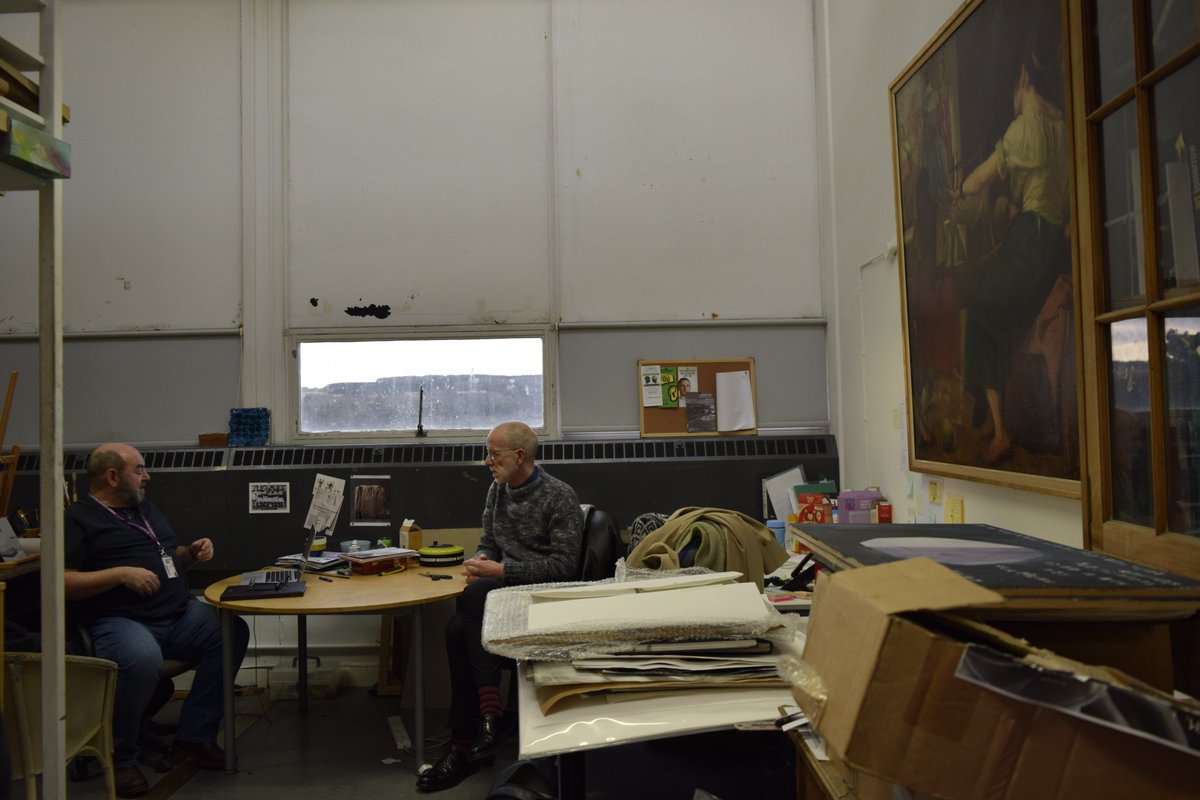 wagonart's tweet photo. Had intensive yet most delightful day with #JackDavidson in #Aberdeen today. Tutorial sessions with 4th year Painting students & lecture at @GraysArtSchool followed by visit to @PeacockVisArts. Thanks everyone who we met today! #ShowandTell at #WORM will end tomorrow at 5pm. https://t.co/RbcEB3ceIw