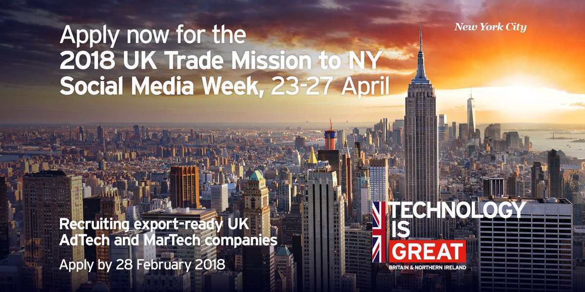 AshleyMeninelli's tweet photo. Are you a UK based AdTech or MarTech company interested in growing your business in New York City? Apply now for our UK Trade Mission to @socialmediaweek ! https://t.co/VU9i2nPKUX #UKatSMW #adtech #martech https://t.co/ZZmNCYT5W1