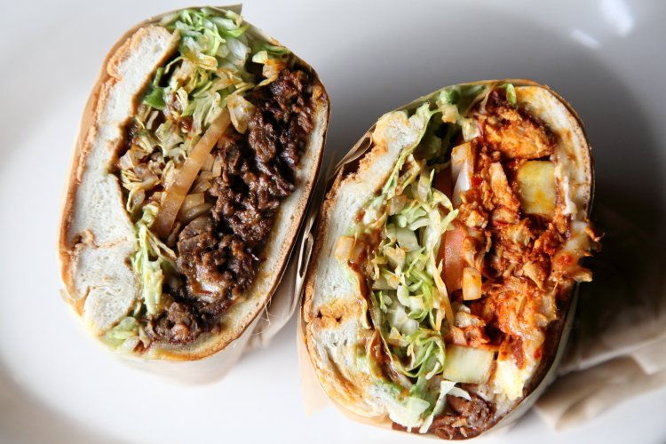 Soup and sandwiches, Mexico City style: sopa de cabacita con elote (with zucchini and corn, plus chips); tortas de bistec en pasilla y al pastor (top round steak and pork tenderloin, each well-marinated), at Chela &amp; Garnacha, Astoria, Queens <a href="/ChelaGarnacha/">Chela & Garnacha</a>