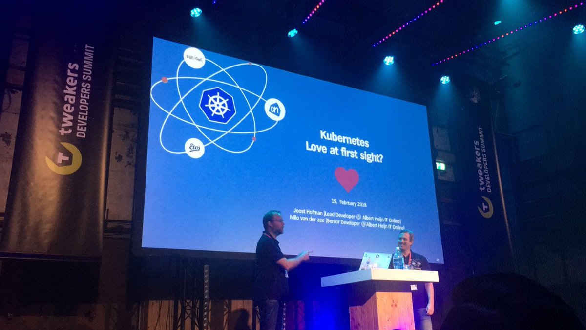joosthofman's tweet photo. Had a great day at #tweakersdevsummit spoke about our #Kubernetes journey at @albertheijn. How we are able to kill production containers live on stage without downtime and how projects like @HelmPack and @kubespray boost our love. Happy to share the presentation, send me a PM. :) https://t.co/jgT6iAe538