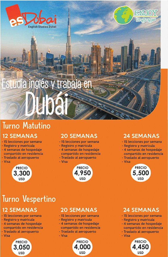 EnjoyLangTuxtla's tweet photo. ¿Tienes #InglésIntermedio y te gustaría conocer 🇦🇪 #Dubai? En #EnjoyLanguages te decimos cómo, estudia inglés mientras trabajas casualmente medio tiempo. Te ayudamos en todo el proceso :)  Llena el siguiente formulario para recibir todos los detalles 👉 https://t.co/cwhppOxYqk https://t.co/DhfdCTIWdb