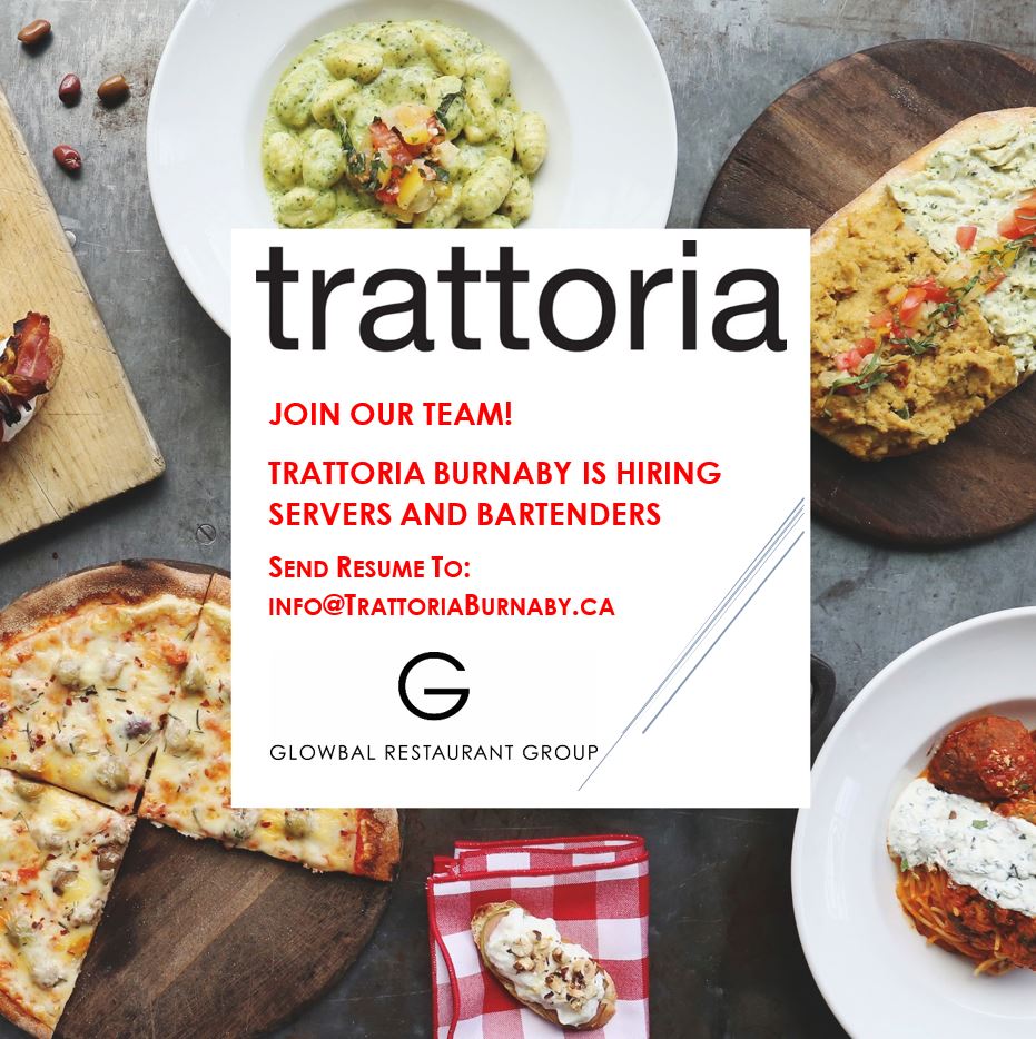 Glowbal Group (@glowbal_group) on Twitter photo We're hiring! Trattoria Burnaby is looking for superstar servers and bartenders. Apply via: info@TrattoriaBurnaby.ca We're hiring! Trattoria Burnaby is looking for superstar servers and bartenders. Apply via: info@TrattoriaBurnaby.ca