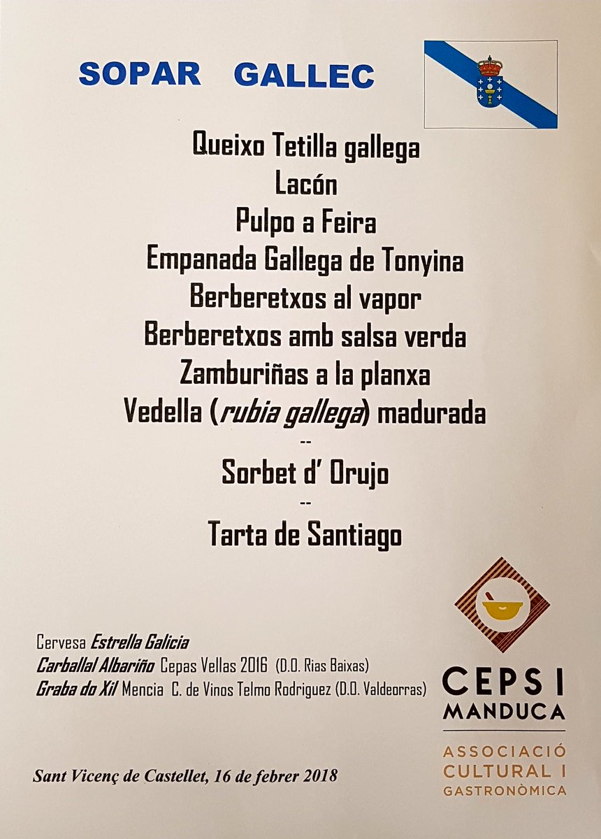 Avui sopar 'tematic' dedicat a #Galicia:
#Queixo #Lacon #Pulpo #Empanada #Berberetxos #zamburiñas #vedella #orujo #tartasantiago
@estrellagalicia @TerneraGallega