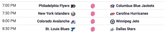 sportingnewsca's tweet photo. A light night on the NHL schedule, but four big games ...
The #DALStars can pass the #STLBlues in the Central with a regulation win.
The #Avalanche jump to 8th in the West with a win.
The #Isles and #CBJ each trail the #NHLCanes by one point. https://t.co/GwerCnMFyk