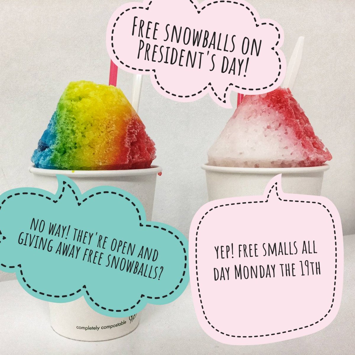 CaseysSnowballs's tweet photo. We're giving away free snowballs on Monday! Come by starting at noon for a free small snowball at Casey's! Spread the word and bring your friends! Happy President's Day! https://t.co/us6hw5MvvF
