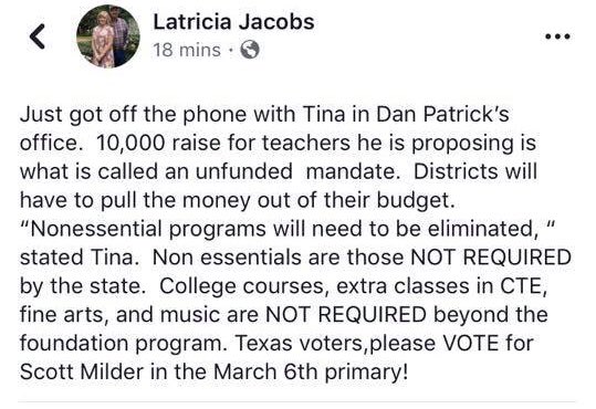 djintexas's tweet image. Here ya go - @danpatrick staff admits how he plans to fund that $10,000 raise he is promising to teachers in his nauseating television ad.  #blockvote for @smilder #texans4E #blowingthewhistle #texansforpubliceducation