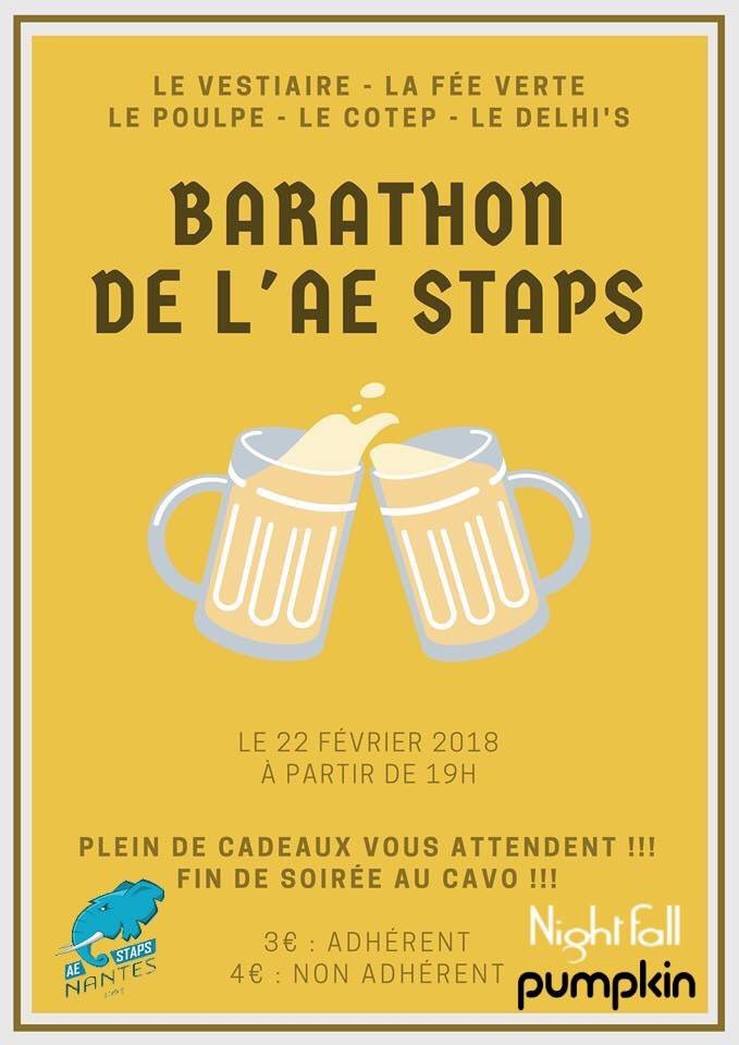 AESTAPSNantes's tweet photo. STAPSIENS, STAPSIENNES, on espère que vous êtes bien remis du tonus parce que c'est loin d'être fini !!!😏

L'AE organise un BARATHON spécial stapsiens avec 5 bars partenaires : Le poulp', la Fée verte, le Delhi's, le Vestiaire et le Côté Plage !🍻💃🏻 https://t.co/yOglXAak8d